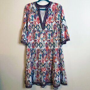 Women's Multicolour Boho Print V Neck Bracelet Sleeve Midi Dress - XL